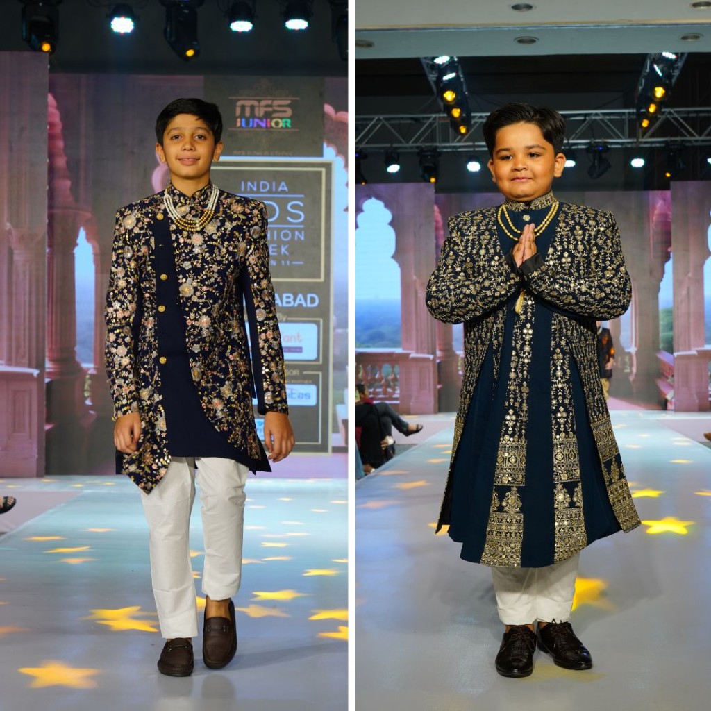 Boys in designer sherwanis at fashion week